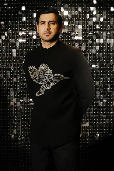 Shop Sanjana Reddy Designs Black Polyester Cut Work Kingfisher Embroidered Bandhgala With Trouser at Aza Fashions Shop_Sanjana Reddy Designs_Black Polyester Cut Work Kingfisher Embroidered Bandhgala With Trouser _at_Aza_Fashions