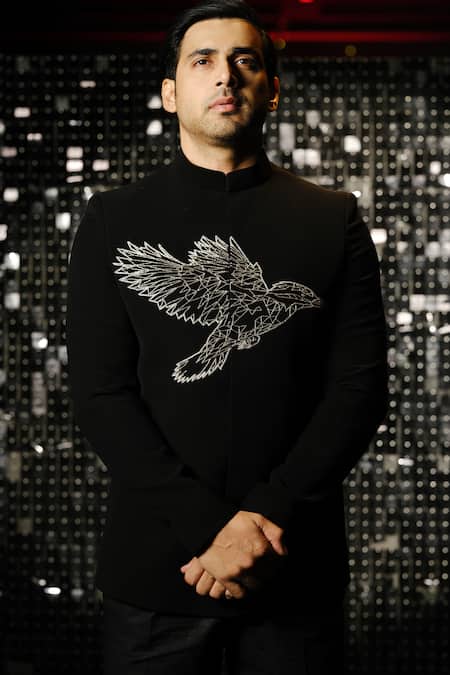 Sanjana Reddy Designs Black Polyester Cut Work Kingfisher Embroidered Bandhgala With Trouser Online at Aza Fashions Sanjana Reddy Designs_Black Polyester Cut Work Kingfisher Embroidered Bandhgala With Trouser _Online_at_Aza_Fashions