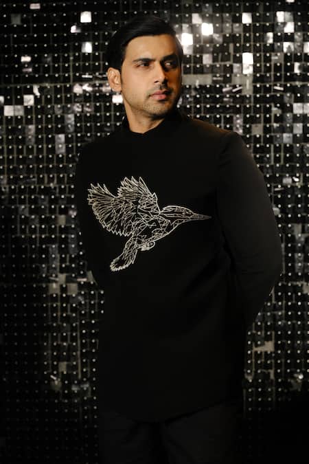 Buy Sanjana Reddy Designs Black Polyester Cut Work Kingfisher Embroidered Bandhgala With Trouser Online at Aza Fashions Buy_Sanjana Reddy Designs_Black Polyester Cut Work Kingfisher Embroidered Bandhgala With Trouser _Online_at_Aza_Fashions