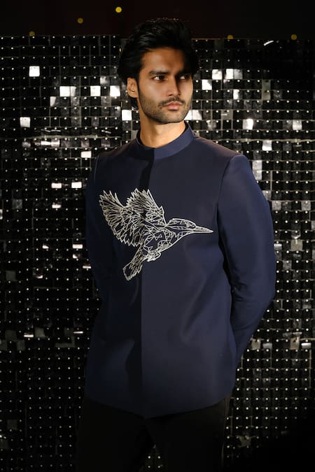 Shop Sanjana Reddy Designs Blue Poly Italian Fabric Embroidery Kingfisher Cutdana Bandhgala With Trouser at Aza Fashions Shop_Sanjana Reddy Designs_Blue Poly Italian Fabric Embroidery Kingfisher Cutdana Bandhgala With Trouser _at_Aza_Fashions