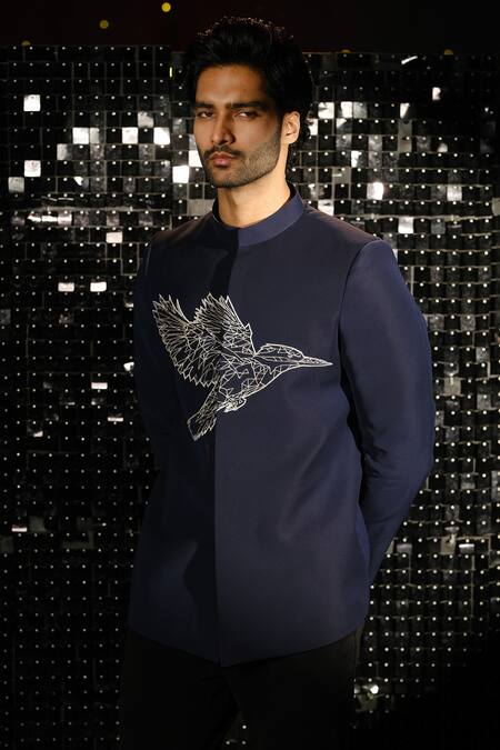 Sanjana Reddy Designs Blue Poly Italian Fabric Embroidery Kingfisher Cutdana Bandhgala With Trouser Online at Aza Fashions Sanjana Reddy Designs_Blue Poly Italian Fabric Embroidery Kingfisher Cutdana Bandhgala With Trouser _Online_at_Aza_Fashions