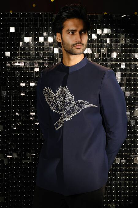 Buy Sanjana Reddy Designs Blue Poly Italian Fabric Embroidery Kingfisher Cutdana Bandhgala With Trouser Online at Aza Fashions Buy_Sanjana Reddy Designs_Blue Poly Italian Fabric Embroidery Kingfisher Cutdana Bandhgala With Trouser _Online_at_Aza_Fashions