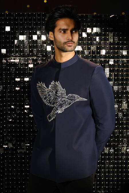 Shop Sanjana Reddy Designs Blue Poly Italian Fabric Embroidery Kingfisher Cutdana Bandhgala With Trouser Online at Aza Fashions Shop_Sanjana Reddy Designs_Blue Poly Italian Fabric Embroidery Kingfisher Cutdana Bandhgala With Trouser _Online_at_Aza_Fashions