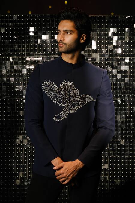 Sanjana Reddy Designs Blue Poly Italian Fabric Embroidery Kingfisher Cutdana Bandhgala With Trouser at Aza Fashions Sanjana Reddy Designs_Blue Poly Italian Fabric Embroidery Kingfisher Cutdana Bandhgala With Trouser _at_Aza_Fashions