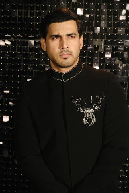 Sanjana Reddy Designs Black Polyester Embroidery 3d Reindeer Bandhgala With Trouser Online at Aza Fashions Sanjana Reddy Designs_Black Polyester Embroidery 3d Reindeer Bandhgala With Trouser _Online_at_Aza_Fashions