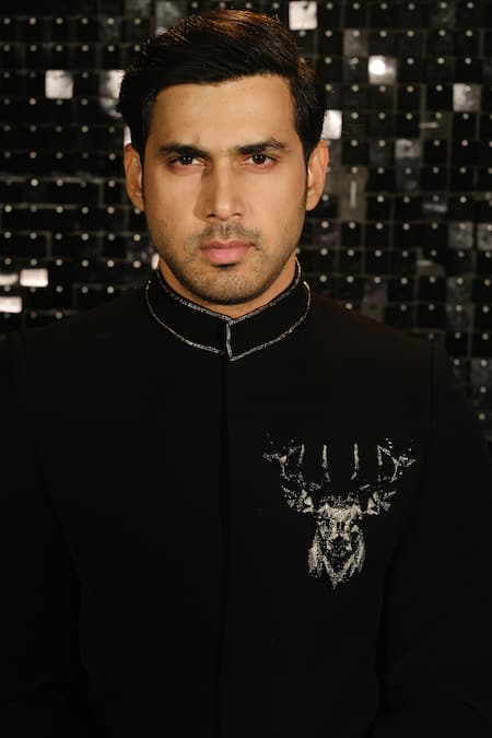 Buy Sanjana Reddy Designs Black Polyester Embroidery 3d Reindeer Bandhgala With Trouser Online at Aza Fashions Buy_Sanjana Reddy Designs_Black Polyester Embroidery 3d Reindeer Bandhgala With Trouser _Online_at_Aza_Fashions