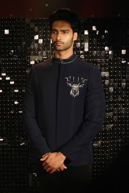 Shop Sanjana Reddy Designs Blue Poly Italian Fabric Embroidery Reindeer 3d Cutdana Bandhgala With Trouser at Aza Fashions Shop_Sanjana Reddy Designs_Blue Poly Italian Fabric Embroidery Reindeer 3d Cutdana Bandhgala With Trouser _at_Aza_Fashions