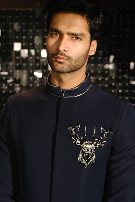 Sanjana Reddy Designs Blue Poly Italian Fabric Embroidery Reindeer 3d Cutdana Bandhgala With Trouser Online at Aza Fashions Sanjana Reddy Designs_Blue Poly Italian Fabric Embroidery Reindeer 3d Cutdana Bandhgala With Trouser _Online_at_Aza_Fashions