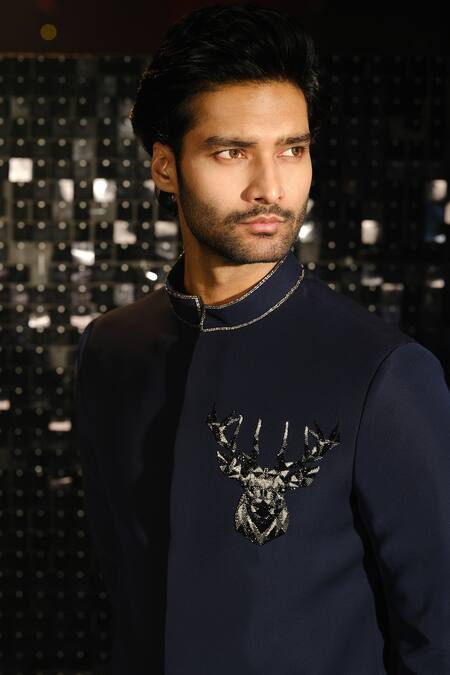 Buy Sanjana Reddy Designs Blue Poly Italian Fabric Embroidery Reindeer 3d Cutdana Bandhgala With Trouser Online at Aza Fashions Buy_Sanjana Reddy Designs_Blue Poly Italian Fabric Embroidery Reindeer 3d Cutdana Bandhgala With Trouser _Online_at_Aza_Fashions