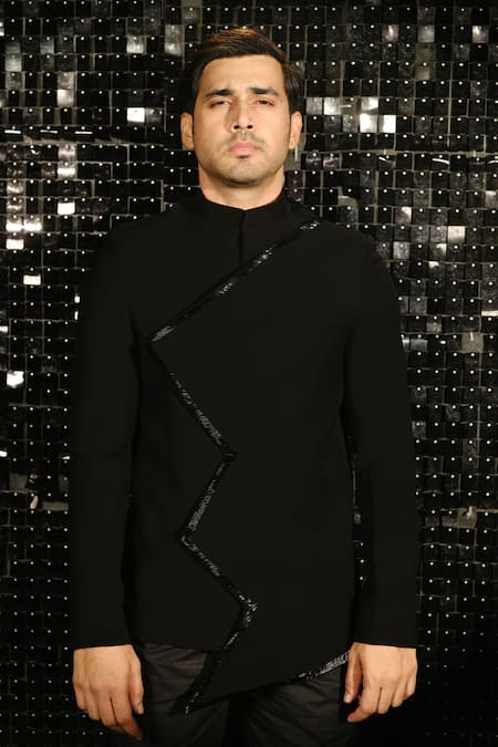 Shop Sanjana Reddy Designs Black Polyester Zig Zag Sally Border Embellished Bandhgala With Trouser at Aza Fashions Shop_Sanjana Reddy Designs_Black Polyester Zig Zag Sally Border Embellished Bandhgala With Trouser _at_Aza_Fashions