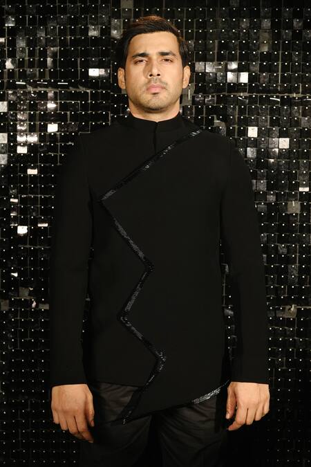 Sanjana Reddy Designs Black Polyester Zig Zag Sally Border Embellished Bandhgala With Trouser Online at Aza Fashions Sanjana Reddy Designs_Black Polyester Zig Zag Sally Border Embellished Bandhgala With Trouser _Online_at_Aza_Fashions