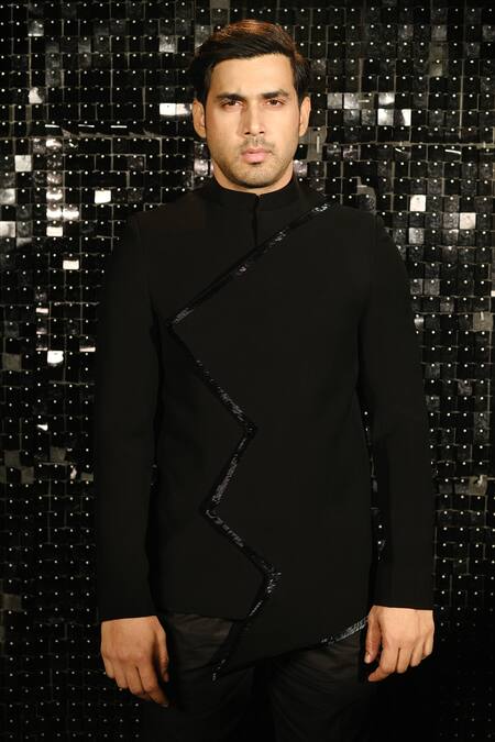 Buy Sanjana Reddy Designs Black Polyester Zig Zag Sally Border Embellished Bandhgala With Trouser Online at Aza Fashions Buy_Sanjana Reddy Designs_Black Polyester Zig Zag Sally Border Embellished Bandhgala With Trouser _Online_at_Aza_Fashions