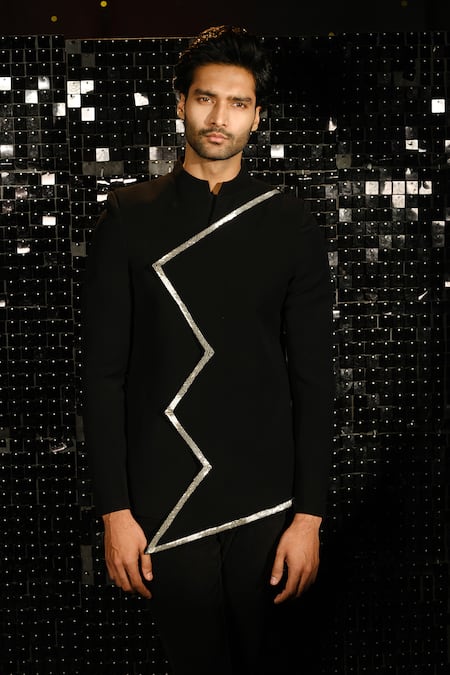 Shop Sanjana Reddy Designs Black Polyester Embroidery Zig Zag Sally Border Bandhgala With Trouser at Aza Fashions Shop_Sanjana Reddy Designs_Black Polyester Embroidery Zig Zag Sally Border Bandhgala With Trouser _at_Aza_Fashions