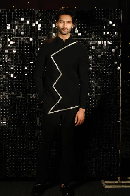 Sanjana Reddy Designs Black Polyester Embroidery Zig Zag Sally Border Bandhgala With Trouser Online at Aza Fashions Sanjana Reddy Designs_Black Polyester Embroidery Zig Zag Sally Border Bandhgala With Trouser _Online_at_Aza_Fashions