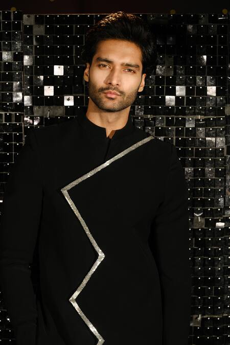 Buy Sanjana Reddy Designs Black Polyester Embroidery Zig Zag Sally Border Bandhgala With Trouser Online at Aza Fashions Buy_Sanjana Reddy Designs_Black Polyester Embroidery Zig Zag Sally Border Bandhgala With Trouser _Online_at_Aza_Fashions