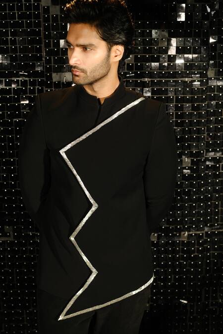 Shop Sanjana Reddy Designs Black Polyester Embroidery Zig Zag Sally Border Bandhgala With Trouser Online at Aza Fashions Shop_Sanjana Reddy Designs_Black Polyester Embroidery Zig Zag Sally Border Bandhgala With Trouser _Online_at_Aza_Fashions