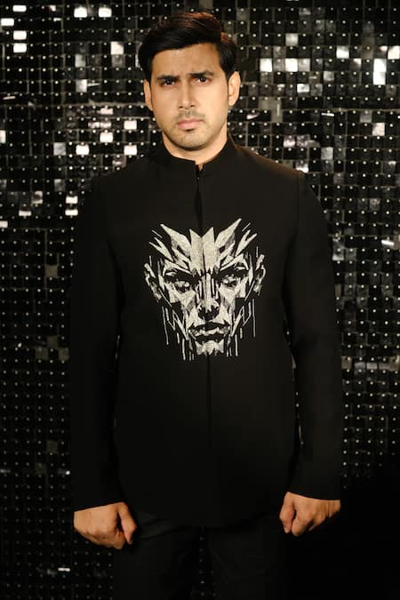 Shop Sanjana Reddy Designs Black Polyester Cut Work 3d Human Face Embroidered Bandhgala With Trouser at Aza Fashions Shop_Sanjana Reddy Designs_Black Polyester Cut Work 3d Human Face Embroidered Bandhgala With Trouser _at_Aza_Fashions