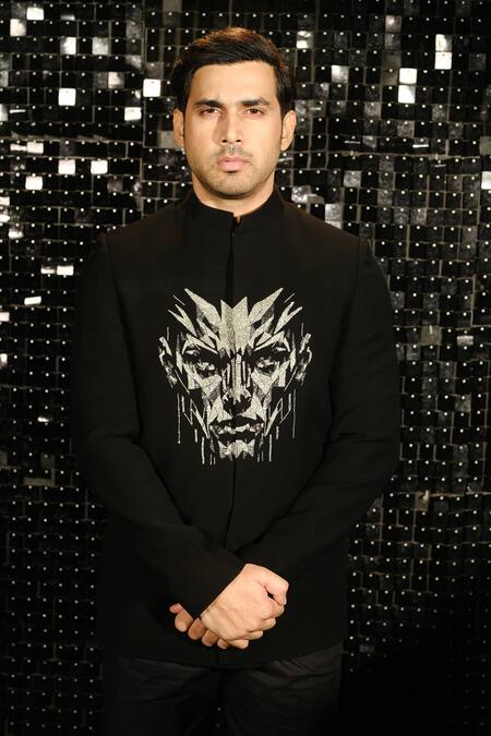 Sanjana Reddy Designs Black Polyester Cut Work 3d Human Face Embroidered Bandhgala With Trouser Online at Aza Fashions Sanjana Reddy Designs_Black Polyester Cut Work 3d Human Face Embroidered Bandhgala With Trouser _Online_at_Aza_Fashions