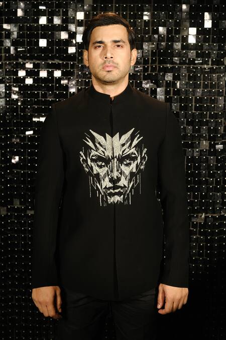 Buy Sanjana Reddy Designs Black Polyester Cut Work 3d Human Face Embroidered Bandhgala With Trouser Online at Aza Fashions Buy_Sanjana Reddy Designs_Black Polyester Cut Work 3d Human Face Embroidered Bandhgala With Trouser _Online_at_Aza_Fashions