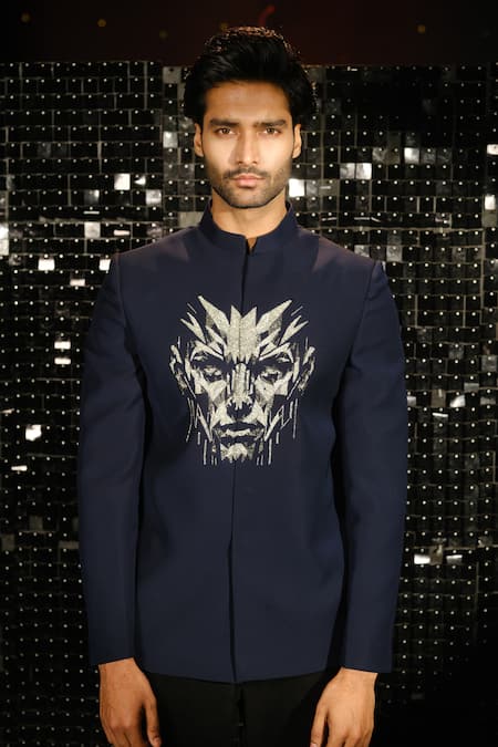 Shop Sanjana Reddy Designs Blue Poly Italian Fabric Embroidery Human 3d Cutdana Bandhgala With Trouser at Aza Fashions Shop_Sanjana Reddy Designs_Blue Poly Italian Fabric Embroidery Human 3d Cutdana Bandhgala With Trouser _at_Aza_Fashions