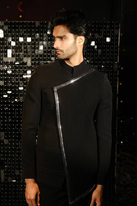 Sanjana Reddy Designs Black Polyester Border Embroidered Pintucked Asymmetric Bandhgala With Trouser Online at Aza Fashions Sanjana Reddy Designs_Black Polyester Border Embroidered Pintucked Asymmetric Bandhgala With Trouser _Online_at_Aza_Fashions