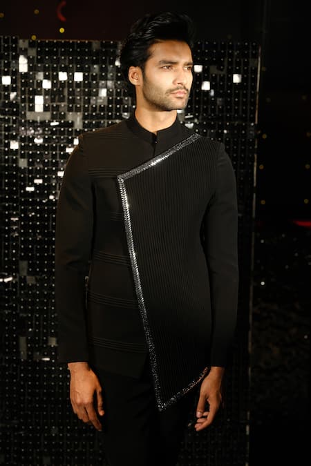 Buy Sanjana Reddy Designs Black Polyester Border Embroidered Pintucked Asymmetric Bandhgala With Trouser Online at Aza Fashions Buy_Sanjana Reddy Designs_Black Polyester Border Embroidered Pintucked Asymmetric Bandhgala With Trouser _Online_at_Aza_Fashions