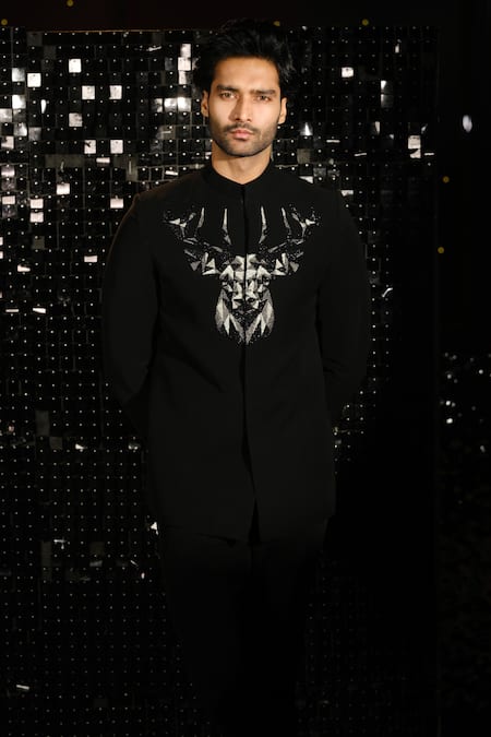 Shop Sanjana Reddy Designs Black Polyester Embroidery 3d Mighty Reindeer Bandhgala With Trouser at Aza Fashions Shop_Sanjana Reddy Designs_Black Polyester Embroidery 3d Mighty Reindeer Bandhgala With Trouser _at_Aza_Fashions