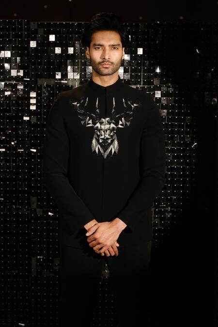 Sanjana Reddy Designs Black Polyester Embroidery 3d Mighty Reindeer Bandhgala With Trouser Online at Aza Fashions Sanjana Reddy Designs_Black Polyester Embroidery 3d Mighty Reindeer Bandhgala With Trouser _Online_at_Aza_Fashions