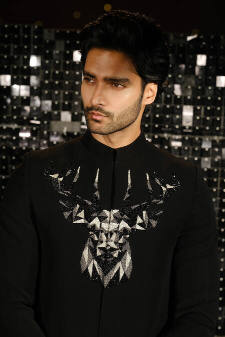 Buy Sanjana Reddy Designs Black Polyester Embroidery 3d Mighty Reindeer Bandhgala With Trouser Online at Aza Fashions Buy_Sanjana Reddy Designs_Black Polyester Embroidery 3d Mighty Reindeer Bandhgala With Trouser _Online_at_Aza_Fashions