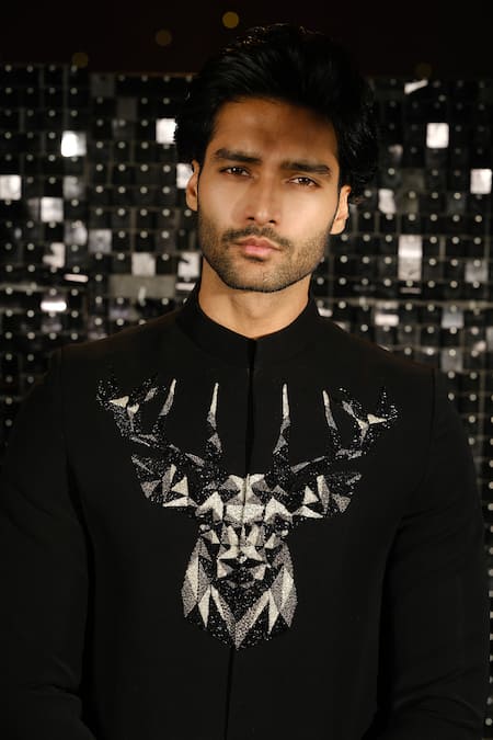 Shop Sanjana Reddy Designs Black Polyester Embroidery 3d Mighty Reindeer Bandhgala With Trouser Online at Aza Fashions Shop_Sanjana Reddy Designs_Black Polyester Embroidery 3d Mighty Reindeer Bandhgala With Trouser _Online_at_Aza_Fashions