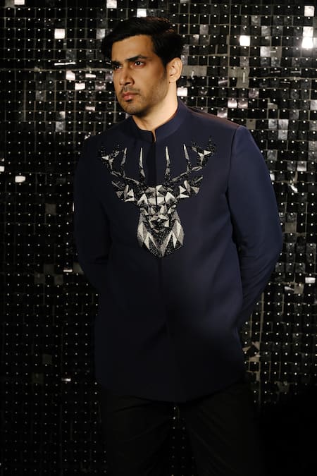 Shop Sanjana Reddy Designs Blue Polyester Cut Work, Embroidery 3d Reindeer Gaze Bandhgala With Trouser at Aza Fashions Shop_Sanjana Reddy Designs_Blue Polyester Cut Work, Embroidery 3d Reindeer Gaze Bandhgala With Trouser _at_Aza_Fashions