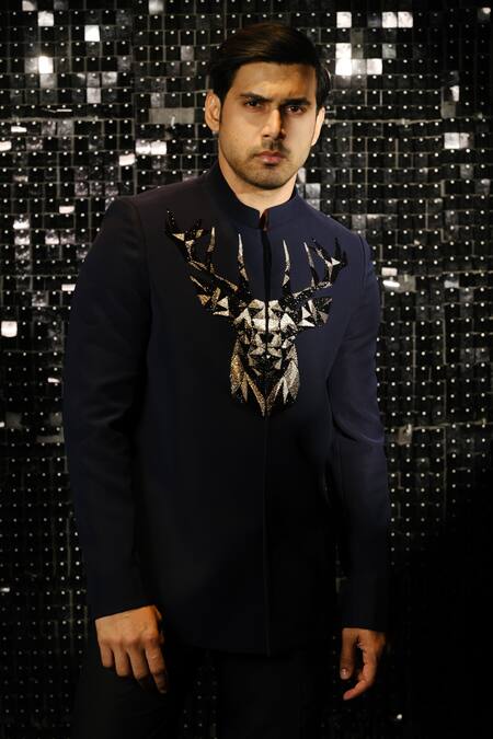 Sanjana Reddy Designs Blue Polyester Cut Work, Embroidery 3d Reindeer Gaze Bandhgala With Trouser Online at Aza Fashions Sanjana Reddy Designs_Blue Polyester Cut Work, Embroidery 3d Reindeer Gaze Bandhgala With Trouser _Online_at_Aza_Fashions