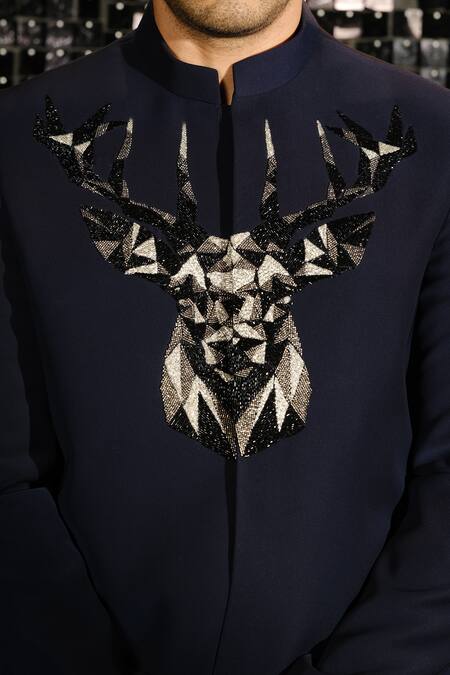 Buy Sanjana Reddy Designs Blue Polyester Cut Work, Embroidery 3d Reindeer Gaze Bandhgala With Trouser Online at Aza Fashions Buy_Sanjana Reddy Designs_Blue Polyester Cut Work, Embroidery 3d Reindeer Gaze Bandhgala With Trouser _Online_at_Aza_Fashions