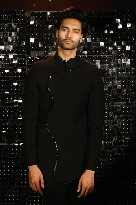 Shop Sanjana Reddy Designs Black Polyester Embroidery Curvy Sally Border Embellished Bandhgala With Trouser at Aza Fashions Shop_Sanjana Reddy Designs_Black Polyester Embroidery Curvy Sally Border Embellished Bandhgala With Trouser _at_Aza_Fashions