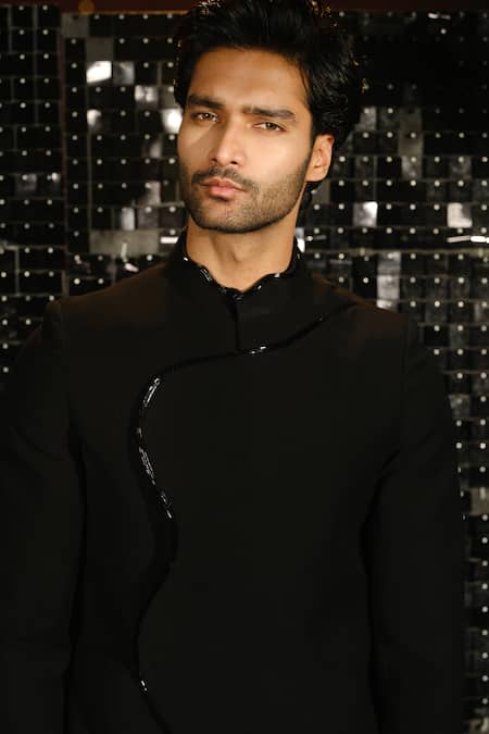 Sanjana Reddy Designs Black Polyester Embroidery Curvy Sally Border Embellished Bandhgala With Trouser Online at Aza Fashions Sanjana Reddy Designs_Black Polyester Embroidery Curvy Sally Border Embellished Bandhgala With Trouser _Online_at_Aza_Fashions