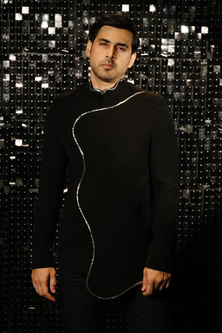 Sanjana Reddy Designs Black Polyester Embroidery Curvy Sally Border Embellished Bandhgala With Trouser Online at Aza Fashions Sanjana Reddy Designs_Black Polyester Embroidery Curvy Sally Border Embellished Bandhgala With Trouser _Online_at_Aza_Fashions