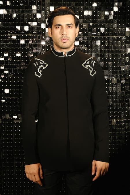 Sanjana Reddy Designs_Black Polyester Embroidery Panther Nalki Bandhgala With Trouser _Online_at_Aza_Fashions