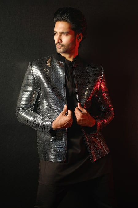 Shop Sanjana Reddy Designs Black Polyester Sequins Metallic Prism Embellished Jacket And Trouser Set at Aza Fashions Shop_Sanjana Reddy Designs_Black Polyester Sequins Metallic Prism Embellished Jacket And Trouser Set _at_Aza_Fashions