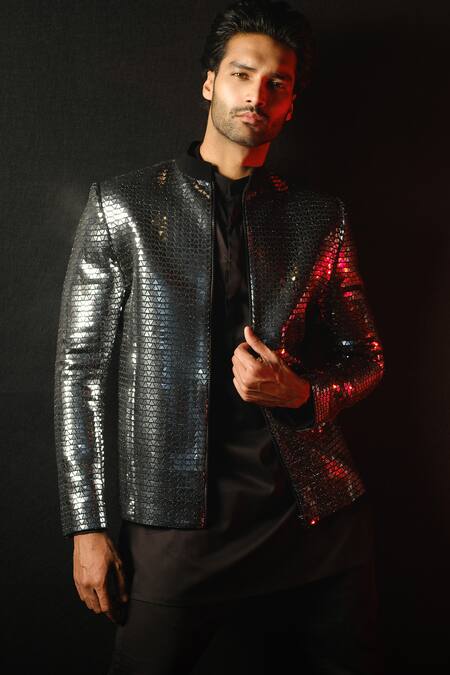 Sanjana Reddy Designs Black Polyester Sequins Metallic Prism Embellished Jacket And Trouser Set Online at Aza Fashions Sanjana Reddy Designs_Black Polyester Sequins Metallic Prism Embellished Jacket And Trouser Set _Online_at_Aza_Fashions