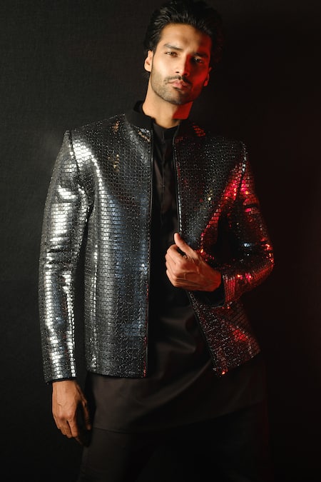 Shop Sanjana Reddy Designs Black Polyester Embroidery Midnight Elegance Metallic Prism Embellished Jacket at Aza Fashions Shop_Sanjana Reddy Designs_Black Polyester Embroidery Midnight Elegance Metallic Prism Embellished Jacket _at_Aza_Fashions