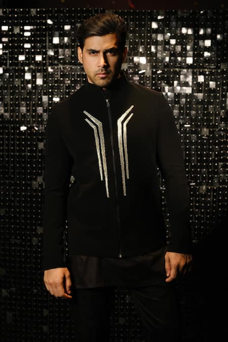 Shop Sanjana Reddy Designs Black Polyester Embroidery Abstract Line Jacket And Trouser Set at Aza Fashions Shop_Sanjana Reddy Designs_Black Polyester Embroidery Abstract Line Jacket And Trouser Set _at_Aza_Fashions