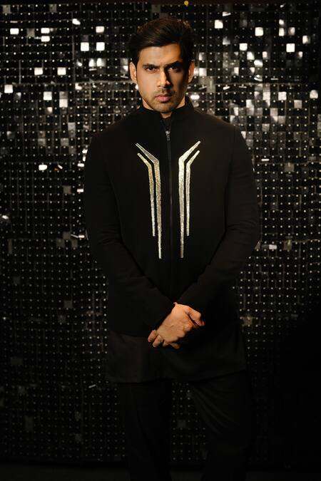 Sanjana Reddy Designs Black Polyester Embroidery Abstract Line Jacket And Trouser Set Online at Aza Fashions Sanjana Reddy Designs_Black Polyester Embroidery Abstract Line Jacket And Trouser Set _Online_at_Aza_Fashions