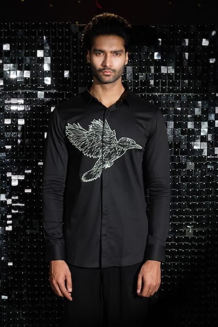 Shop Sanjana Reddy Designs Black Stretchable Cotton Embroidery Kingfisher Shirt at Aza Fashions Shop_Sanjana Reddy Designs_Black Stretchable Cotton Embroidery Kingfisher Shirt _at_Aza_Fashions