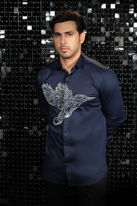 Shop Sanjana Reddy Designs Blue Stretchable Cotton Embroidery Kingfisher Rise Cutdana Shirt at Aza Fashions Shop_Sanjana Reddy Designs_Blue Stretchable Cotton Embroidery Kingfisher Rise Cutdana Shirt _at_Aza_Fashions