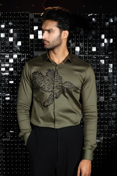 Shop Sanjana Reddy Designs Green Cotton Embroidery Mighty Kingfisher Cutdana Shirt at Aza Fashions Shop_Sanjana Reddy Designs_Green Cotton Embroidery Mighty Kingfisher Cutdana Shirt _at_Aza_Fashions