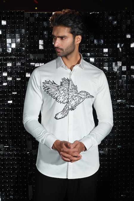 Shop Sanjana Reddy Designs White Stretchable Cotton Embroidery Kingfisher Mighty Rise Cutdana Shirt at Aza Fashions Shop_Sanjana Reddy Designs_White Stretchable Cotton Embroidery Kingfisher Mighty Rise Cutdana Shirt _at_Aza_Fashions