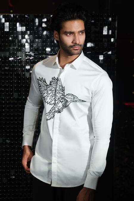 Sanjana Reddy Designs White Stretchable Cotton Embroidery Kingfisher Mighty Rise Cutdana Shirt Online at Aza Fashions Sanjana Reddy Designs_White Stretchable Cotton Embroidery Kingfisher Mighty Rise Cutdana Shirt _Online_at_Aza_Fashions