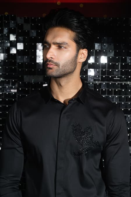 Shop Sanjana Reddy Designs Black Stretchable Cotton Embroidery Kingfisher Placement Shirt at Aza Fashions Shop_Sanjana Reddy Designs_Black Stretchable Cotton Embroidery Kingfisher Placement Shirt _at_Aza_Fashions