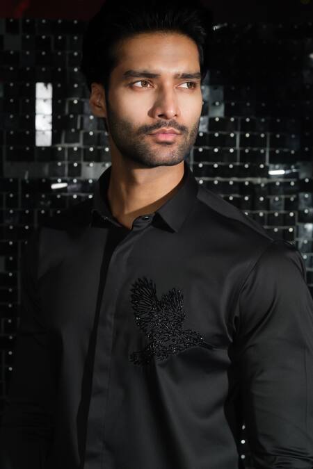 Sanjana Reddy Designs Black Stretchable Cotton Embroidery Kingfisher Placement Shirt Online at Aza Fashions Sanjana Reddy Designs_Black Stretchable Cotton Embroidery Kingfisher Placement Shirt _Online_at_Aza_Fashions