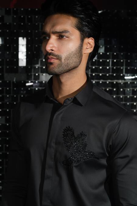 Buy Sanjana Reddy Designs Black Stretchable Cotton Embroidery Kingfisher Placement Shirt Online at Aza Fashions Buy_Sanjana Reddy Designs_Black Stretchable Cotton Embroidery Kingfisher Placement Shirt _Online_at_Aza_Fashions